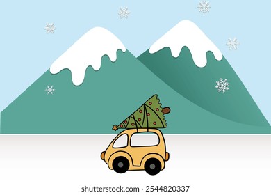 Cuadro de Vector con el coche rojo y el árbol de Navidad. Foto de Navidad. Camioneta roja. Ilustración del año Nuevo 