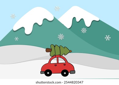 Vektorbild mit rotem Auto und Weihnachtsbaum. Weihnachtsbild. Roter Pickup. Illustration zum neuen Jahr 