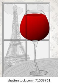 Vector picture with red wine and Eiffel tower  in the window
