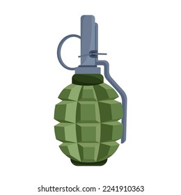 Imagen vectorial de la granada defensiva con cinta adhesiva dividida en fragmentos con metralla de forma plana. Ilustración de armas del ejército. Equipo militar. Guerra, concepto de batalla
