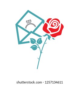 The vector picture a ring in an envelope and a rose. Set of vector icons. Gentle subject of love and recognitions. Flat design.