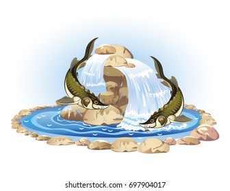 Vector picture of a rocky waterfall with sculptures of fish sturgeons
