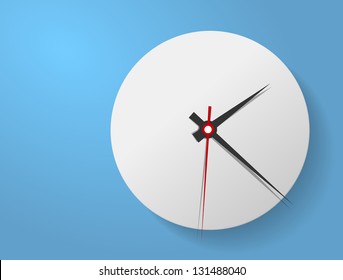 Vector picture of round analog clock face, watch.Conception of punctuality Precise time-keeping and measurement of time. Timepiece with arrows for hour, minutes and seconds on blue background.