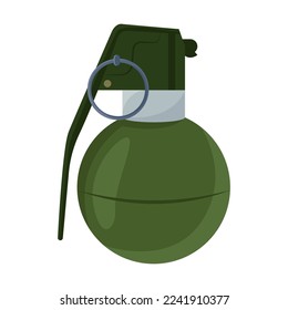 Vektorbild der runden offensiven Granate mit Pin und Ring Haus in flachem Stil. Waffenwaffenillustration. Militärausrüstung. Krieg, Gefechtskonzept