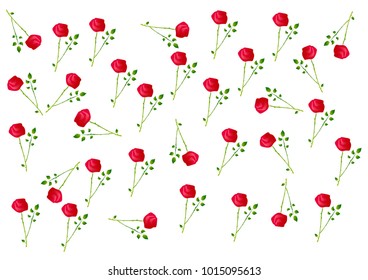 Vector picture of a scattering of rose flowers with colors of paints with spiny stem and leaves on a white background