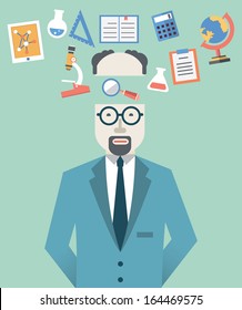 Vector picture of scientist with science symbols. Flat style design  - vector illustration