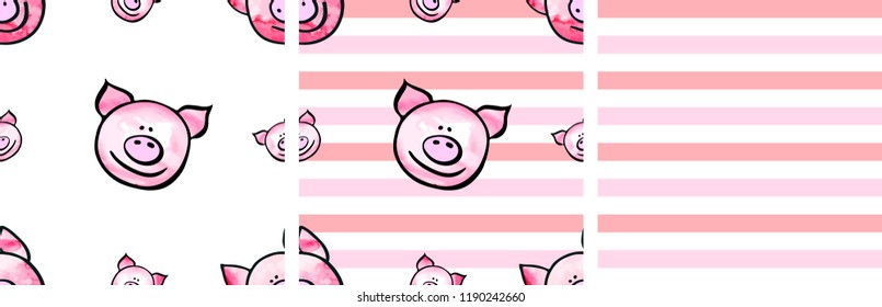 Vector picture set of patterns of pink stripes and a smiling Piglet, water color effect, symbol of the year.