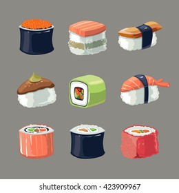 vector picture set of Sushi rolls and japanese sea food. illustration pack with flat color. Icons isolate on dark background