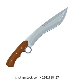 Imagen vectorial de un cuchillo de acero afilado con asa de madera de estilo plano. Ilustración de armas del ejército. Equipo militar. Guerra, concepto de batalla