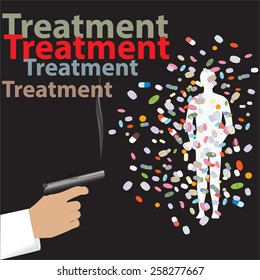 Vector picture of shooting by tablets to man from gun. Treatment by big amount of pills and tablets. Polypharmacy.