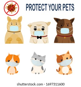 Vector picture show dogs and cats wear surgical mask for protect from covid-19 coronavirus and bacteria.vector illustration.