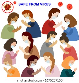 Vector picture show people greeting by namaste (sawasdee , Thai Wai) no shake hands for safe from virus , covid19 virus , coronavirus and bacteria. People background. Namaste background.
