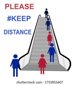 Vector picture show people keep distance when they use escalator at supermarket.vector illustration 
