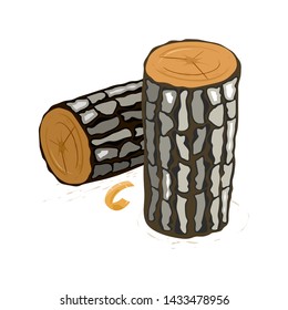 Vector picture shows lying and standing brown logs with grey segmented bark cartoon isolated illustration