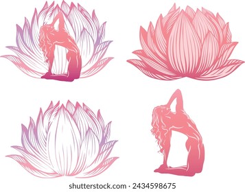 vector picture of a girl’s silhouette against the background of a lotus flower. fitness