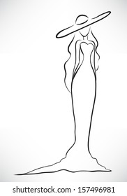 Vector picture with a silhouette of the graceful slender young woman dressed in a long dress and a big hat/Elegant woman silhouette 