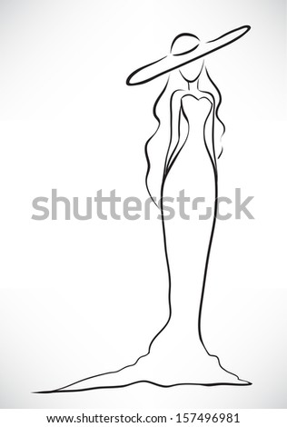 Vector picture with a silhouette of the graceful slender young woman dressed in a long dress and a big hat/Elegant woman silhouette 
