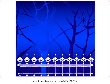 Vector picture silhouette of trees with a lattice. White trunks of trees beyond the fence.