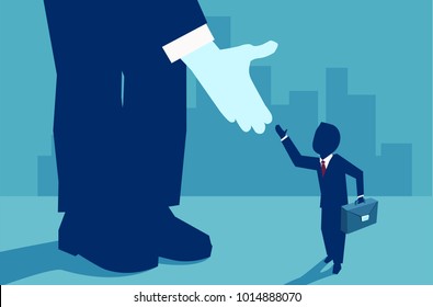 Vector picture of small businessman supported by unknown investor giving him opportunity. 