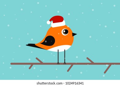 Vector picture of small orange bird in Santa cap on branch. Eps vector illustration