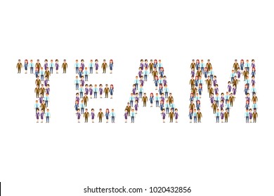 Vector picture of small people arranging in word Team on white background. Eps vector illustration