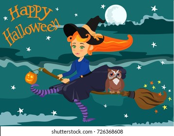 Vector picture of small witch with red hair on broom with an owl and pumpkin lantern in the night sky with the text of Happy Halloween.