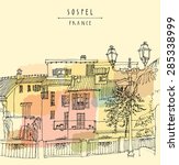 Vector picture of Sospel, France, Europe. River bank, residential houses, lamps and trees. Summer time vacation colorful postcard poster template. Hand lettered title and space for text. Retro style