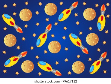 Vector picture with spaceships, planets and stars in the universe