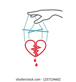 The vector picture the split heart with blood drops on threads in someone's hand. Set of vector icons. The broken love and manipulations. Flat design. Monohrome