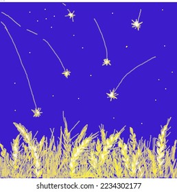 Una imagen vectorial de una noche estrellada, estrellas de tiro amarillo dorado sobre un campo de trigo amarillo, sobre fondo azul oscuro