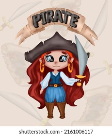 Vector picture  sticker inscription pirate   cartoon character girl pirate and sword   big hat