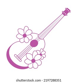 vector picture sticker small ukulele guitar with flowers, pink line