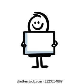 Imagen vectorial de un adhesivo con la mesa vacía en las manos. Ilustración creativa de personaje gracioso con pancarta.