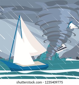 Vector picture the storm caught yachts the ocean. Vector illustration of a cartoon the strongest storm tornado raises the yacht into the sky with destructive force. The concept of natural disasters