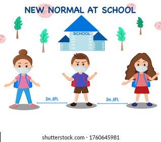 Vector picture of students new normal for back to school with wearing mask and stay keep social distancing and fight with coronavirus. Vector illustration 