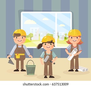 Vector picture in the style of the flat. Repair and a team of repairmen in helmets, they are going to do repairs and construction in the apartment