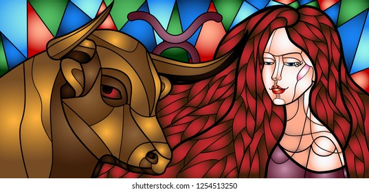 Vector picture in the style of a stained-glass window depicting a girl with a bull, personifying the zodiac sign Taurus, from a series of pictures of the girl zodiac signs