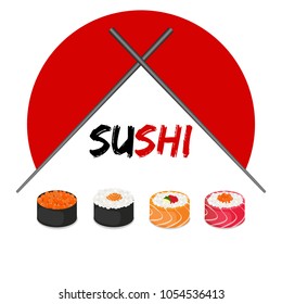 vector picture of Sushi rolls and japanese sea food. illustration with flat color isolate on light background. Asia cuisine menu