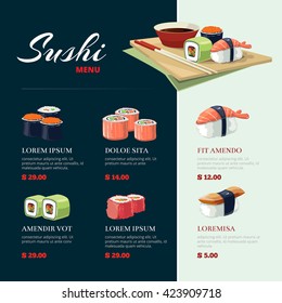 vector picture of Sushi rolls and japanese sea food. illustration with flat color  isolate on dark background. Asia cuisine menu