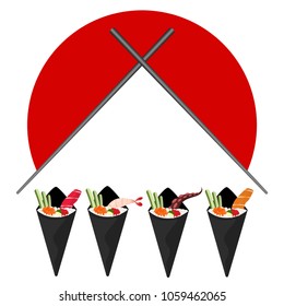 vector picture of Sushi(temaki) rolls and japanese sea food. illustration with flat color isolate on light background. Asia cuisine menu