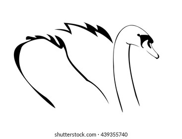 Vector picture of swan. Symbol of bird, represented by black lines. Sketch manually. Isolated on a white background