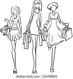 Imagen vectorial con tres chicas yendo de compras/Girlfriend ir a la tienda 