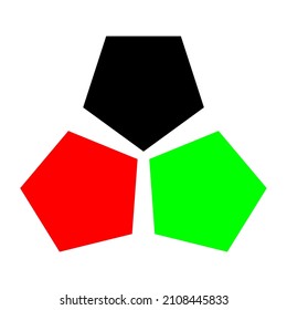 Vector, picture of three pentagons. Black, red and green color image. Build a circular pentagon. Flat image