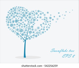 Vector picture with tree crown in the form of white snowflakes, some of which flies away