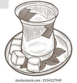 Vector picture the turkish tea cup on saucer sugar cubes, traditional cultural beverage, elegant simple design, line drawing image, transparent