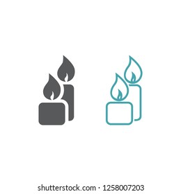 The vector picture of two burning candles. Set of vector icons. Light, hope and love as symbol of two candles. Flat design. Monohrome