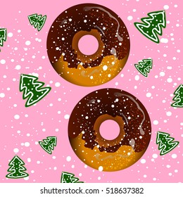 Vector picture with two donuts with chocolate and cookies fir green.