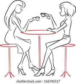 Vector picture with two women sitting at a cafe/Girlfriends talking in cafe