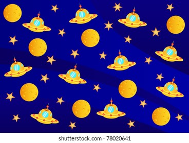 Vector picture with ufo, planets and stars in the universe