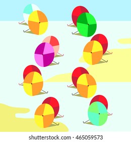 Vector picture with umbrellas of different colors in a certain order on the beach and the sea sandy beach.